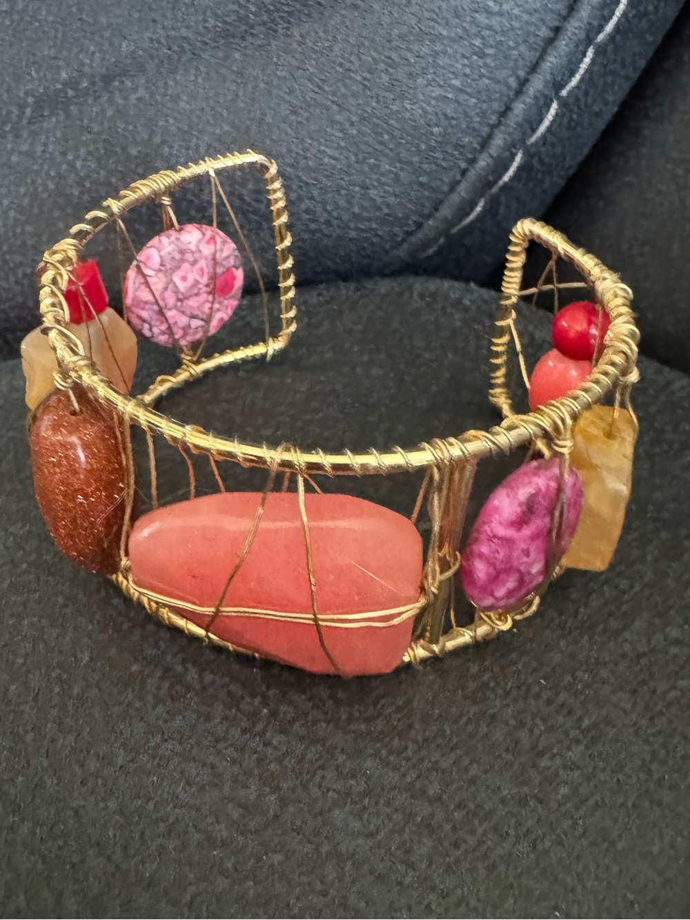 Handcrafted Gold Wire Cuff Bracelet with Pink and Red Stone Accents